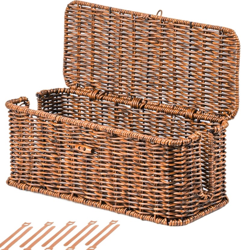 BROWNLILY Cable Management Box, Rattan Style Cord Organizer for Desk Cord Hider Outlet Covers Baby Proofing for Power Strip TV PC Router Charger Under Desk Storage with Lockable Lid and Cable Ties - Image 1